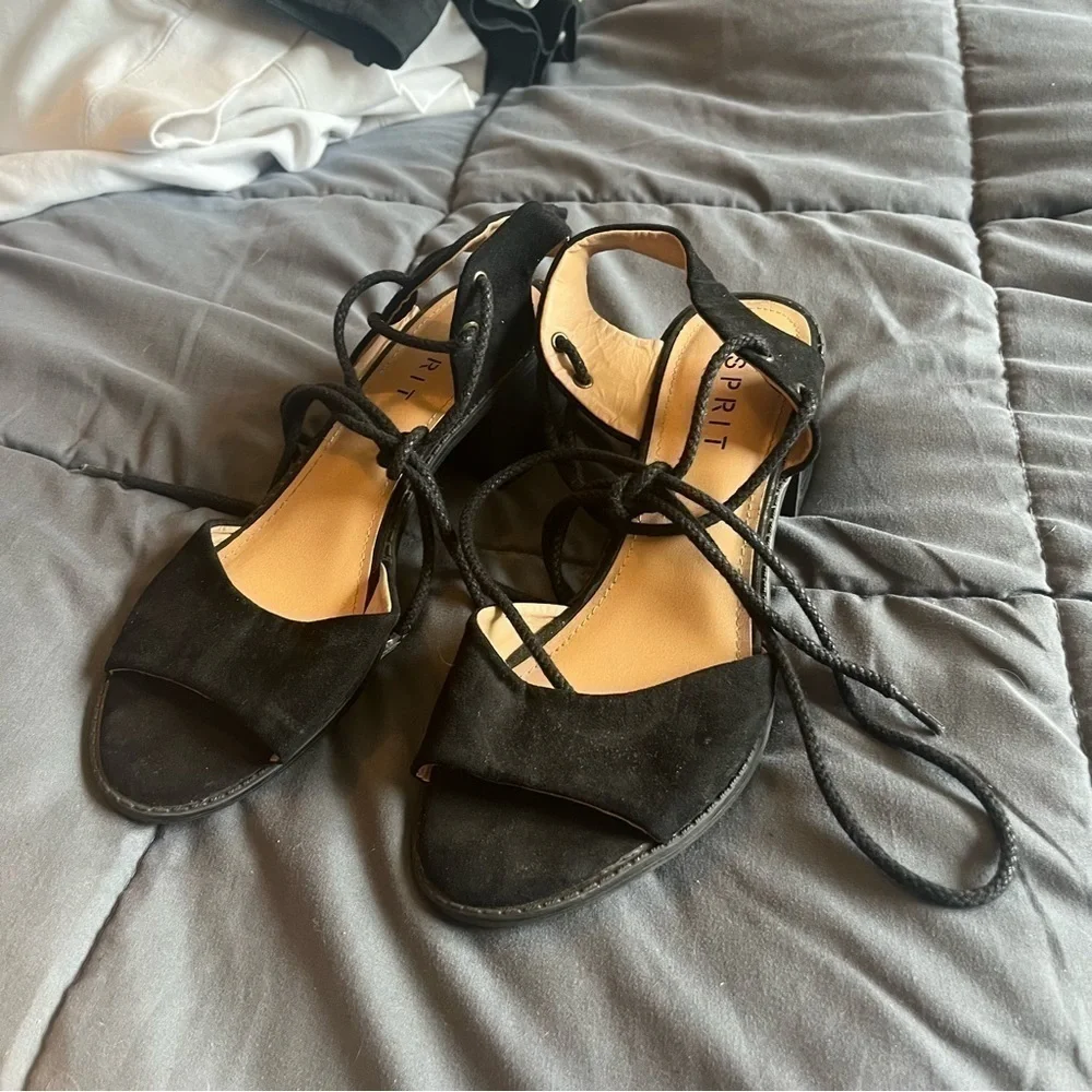 Esprit Black Lace-Up Ankle Tie Block Heel Sandals Women’s Size 9.5